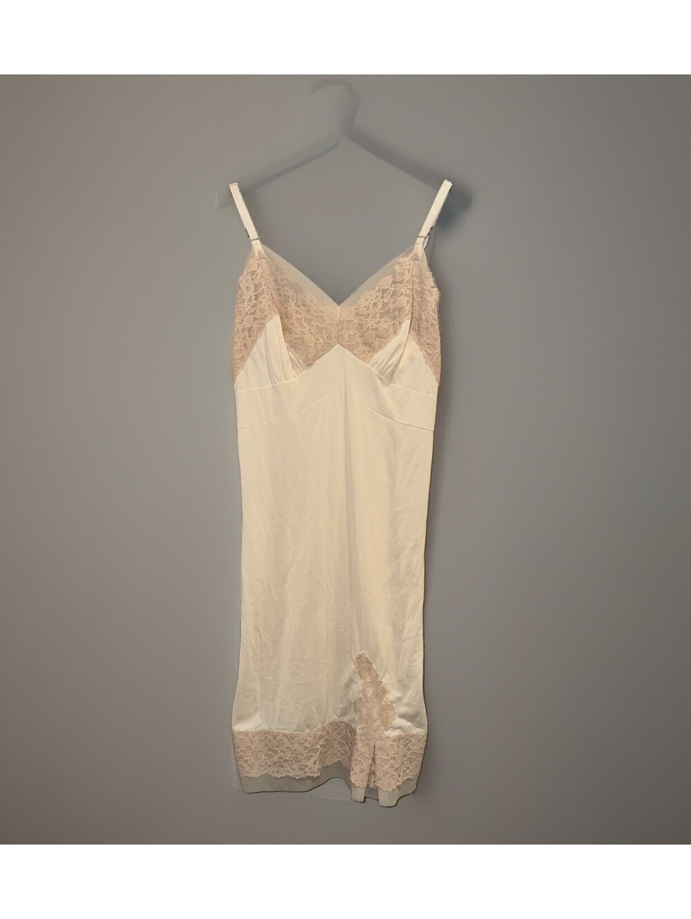 Vintage 60s 70s Val Mode Ivory Nylon Lace Slip Dress Size 38 Mid Century Medium